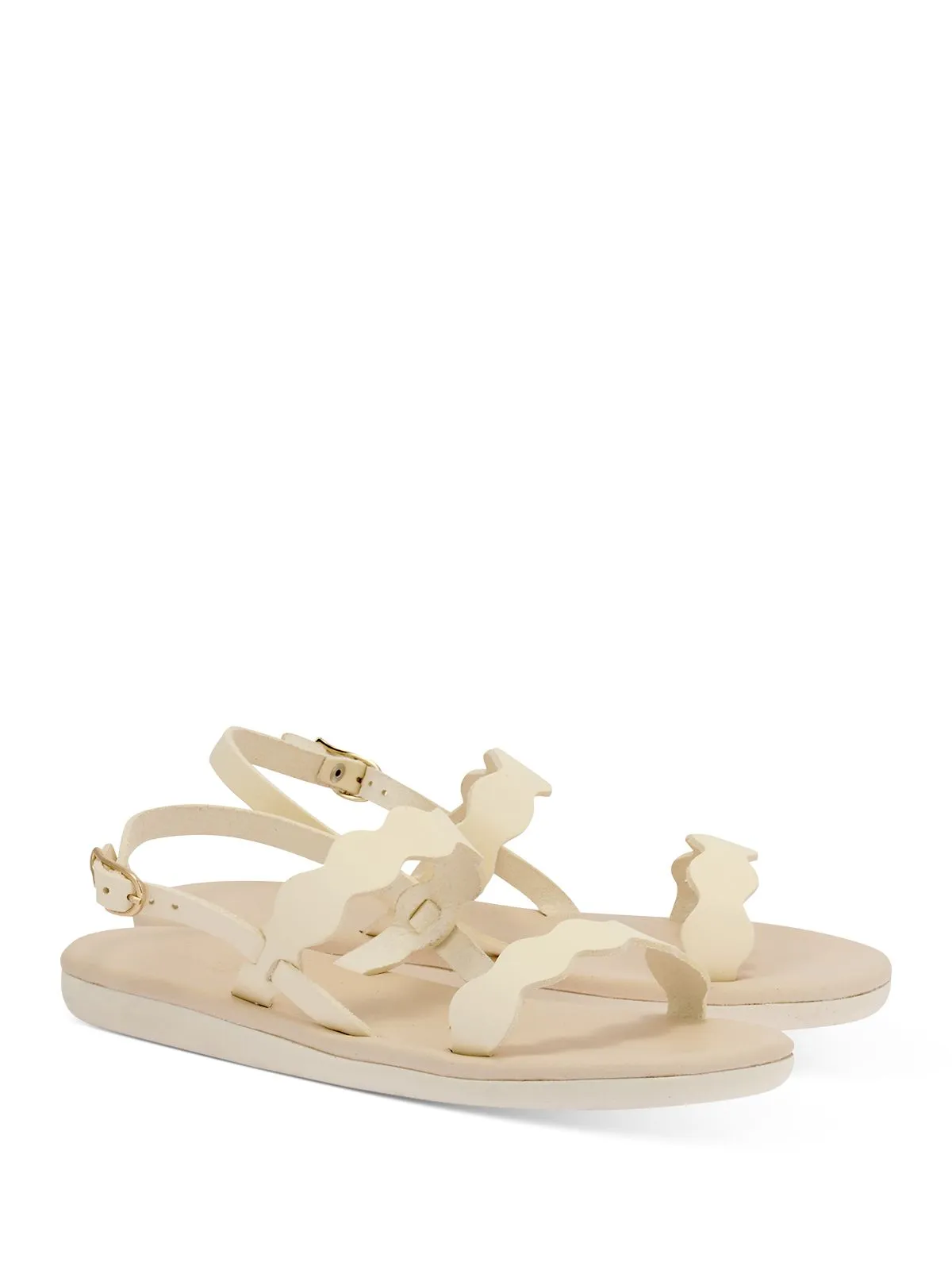 ANCIENT GREEK SANDALS Womens Off White Beige Adjustable Ankle Strap Scalloped Padded Afros Round Toe Buckle Leather Sandals Shoes