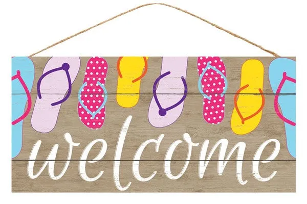 Beach Flip Flops Welcome Wooden Sign : Beige White Pink - 12.5 Inches x 6 Inches
