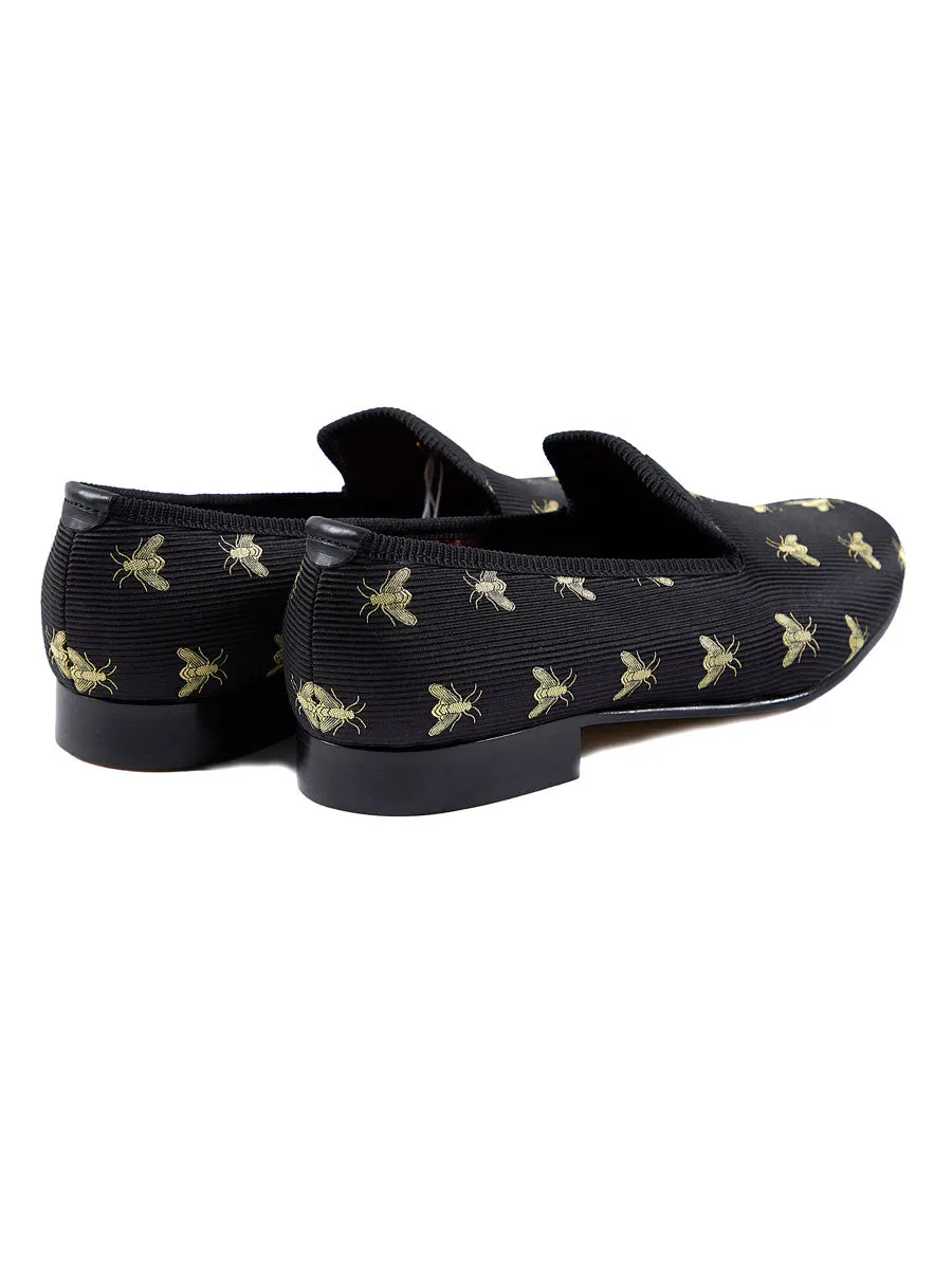 Black Bees Silk & Leather Slippers