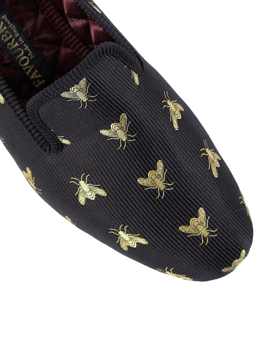 Black Bees Silk & Leather Slippers