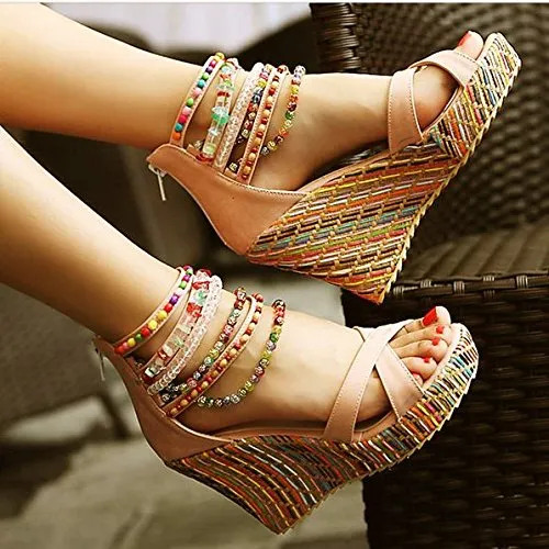 Boho Chic Beaded Wedge Platform Sandals