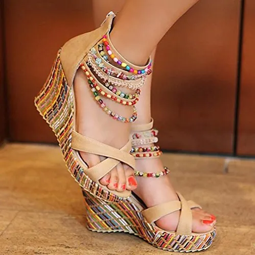Boho Chic Beaded Wedge Platform Sandals