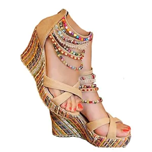 Boho Chic Beaded Wedge Platform Sandals