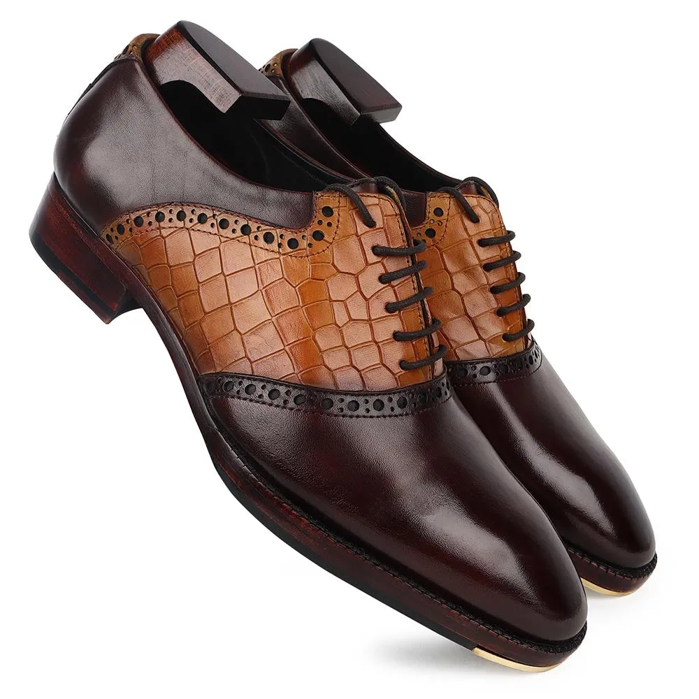 Brown   Tan Croco Detail Saddle Mirror Glossed Patina Oxfords With Metal Toe Plate