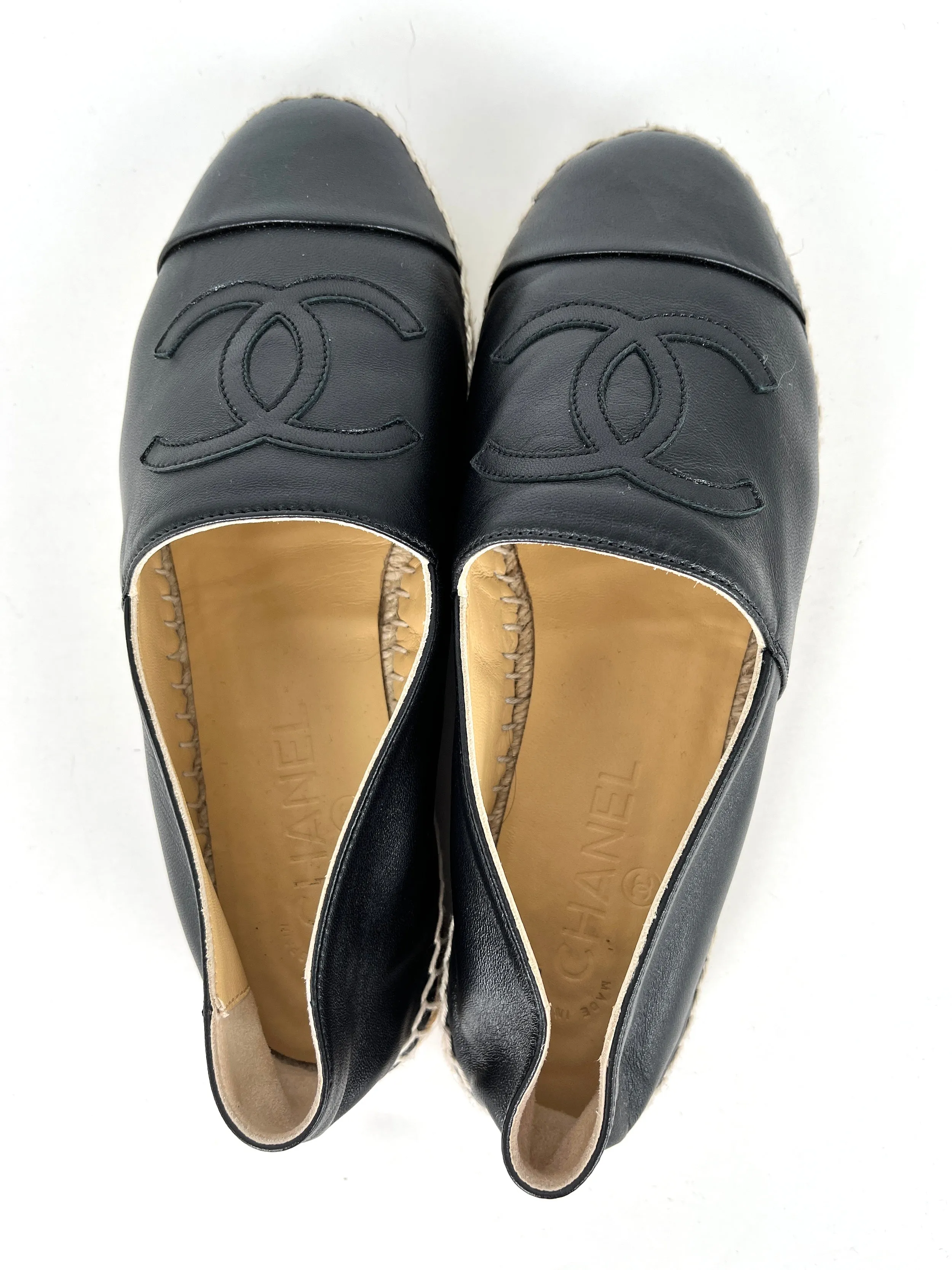 CHANEL Black Leather CC Logo Espadrilles Flats 37 7