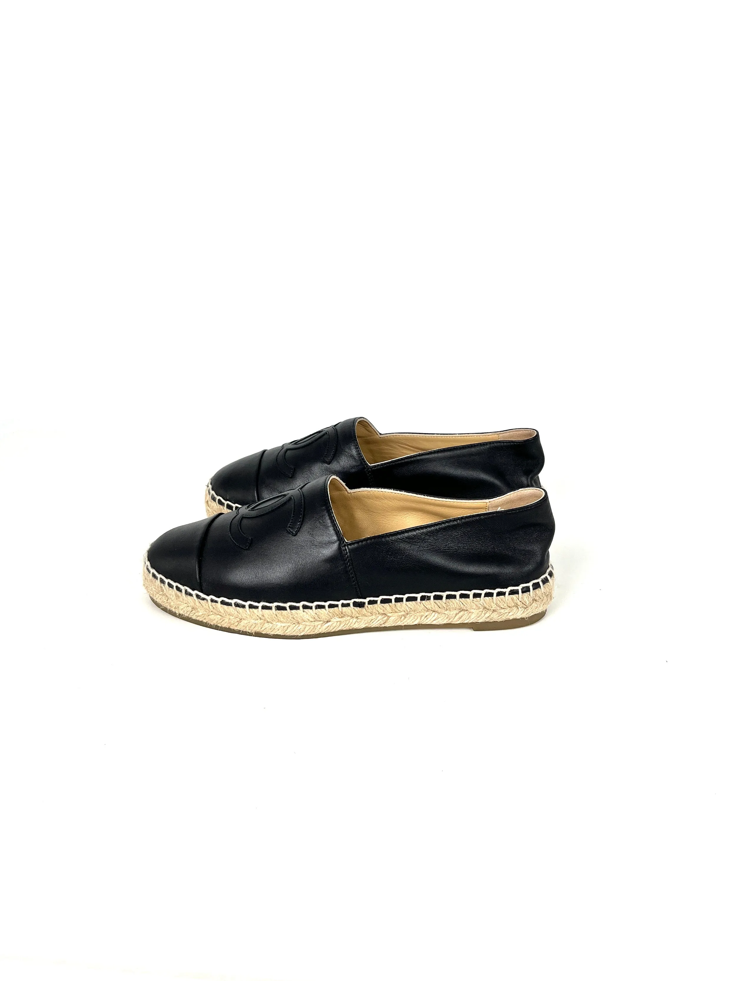 CHANEL Black Leather CC Logo Espadrilles Flats 37 7