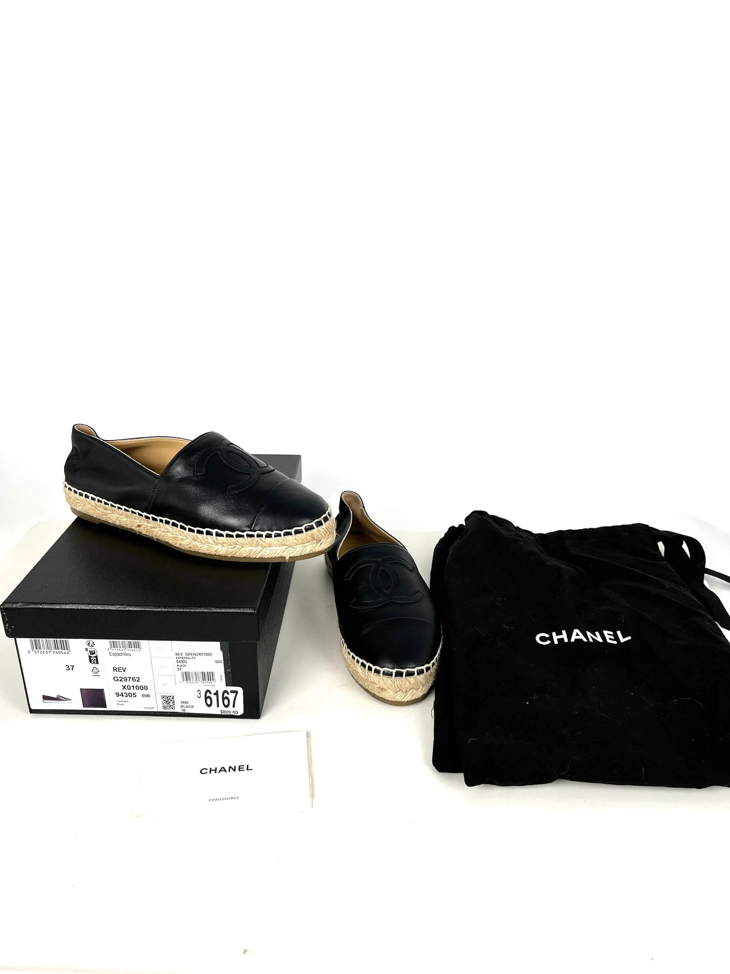 CHANEL Black Leather CC Logo Espadrilles Flats 37 7