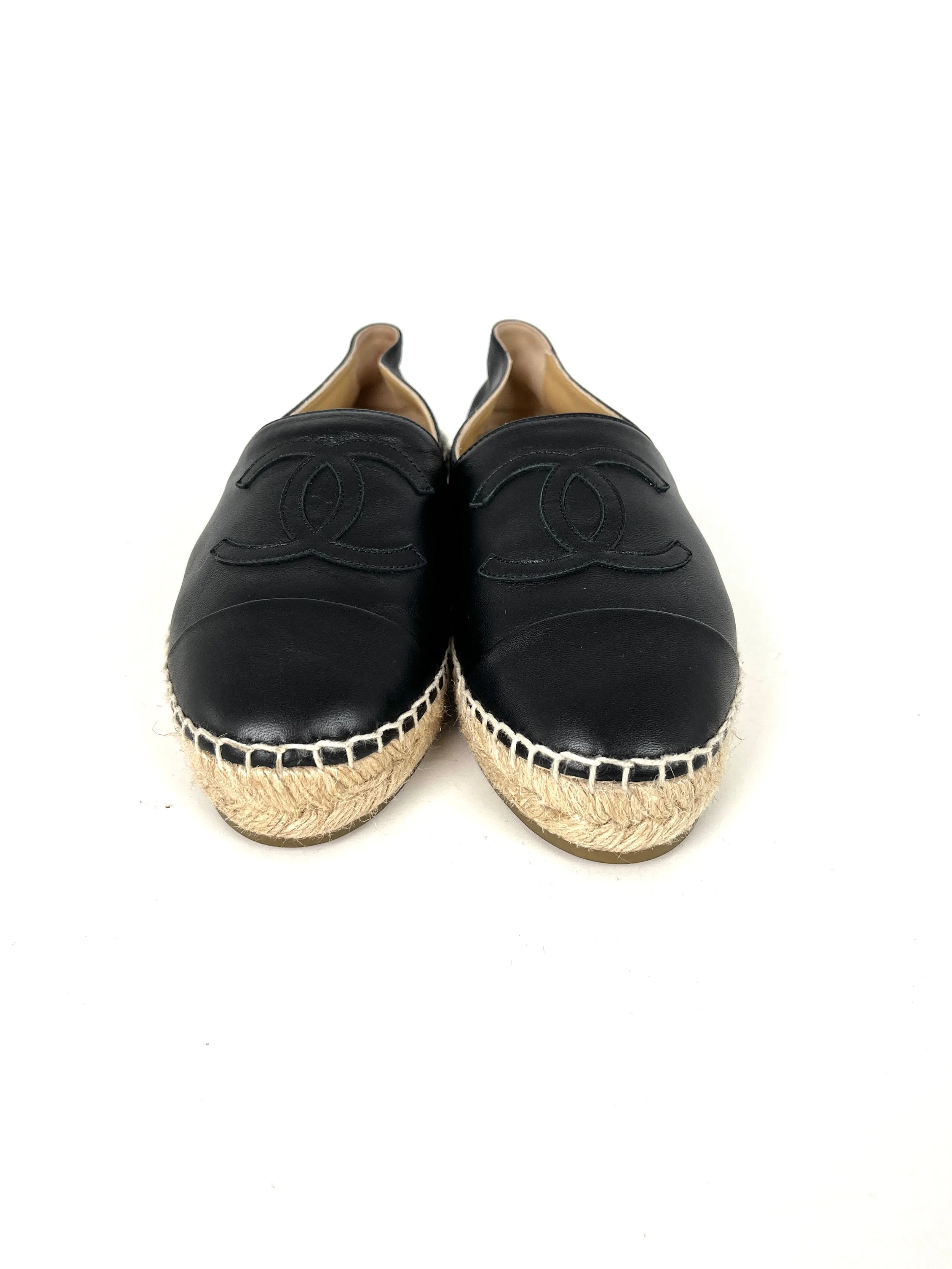 CHANEL Black Leather CC Logo Espadrilles Flats 37 7