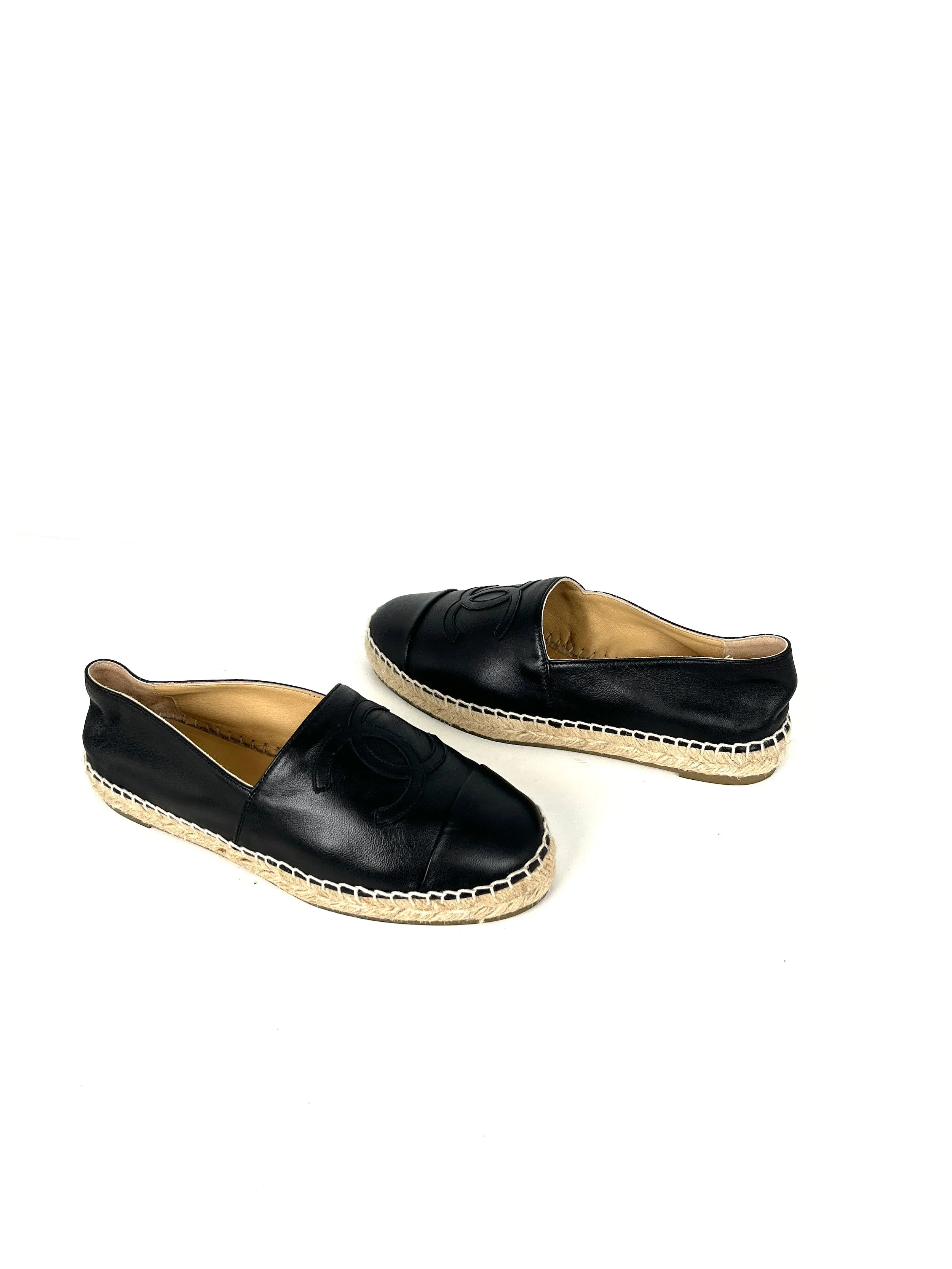 CHANEL Black Leather CC Logo Espadrilles Flats 37 7