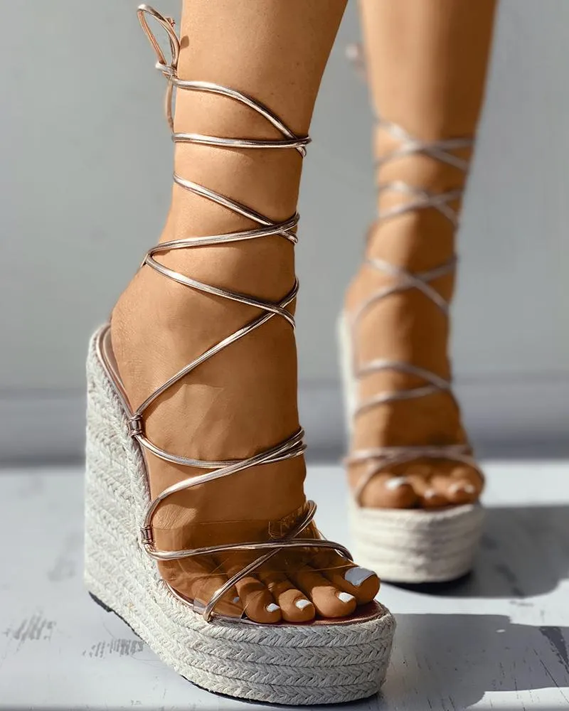 Clear Perspex Strappy Espadrille Wedge Sandals