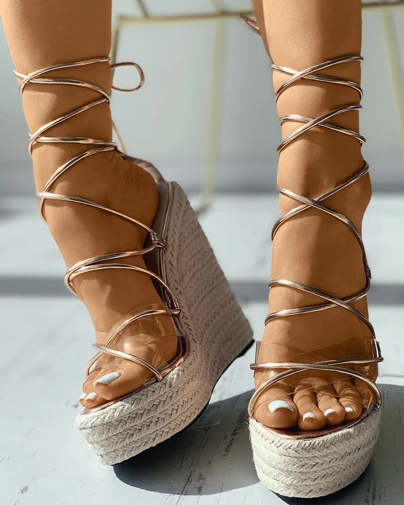 Clear Perspex Strappy Espadrille Wedge Sandals