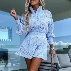 Elegant Women's Eyelet Lace Two-Piece Outfit