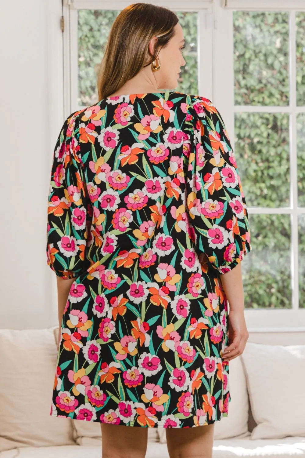Floral Puff Sleeve Shift Mini Dress with Pockets