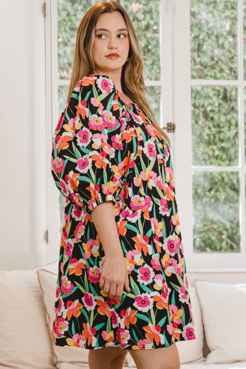Floral Puff Sleeve Shift Mini Dress with Pockets