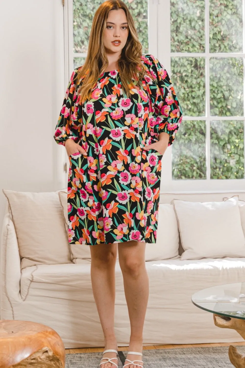 Floral Puff Sleeve Shift Mini Dress with Pockets