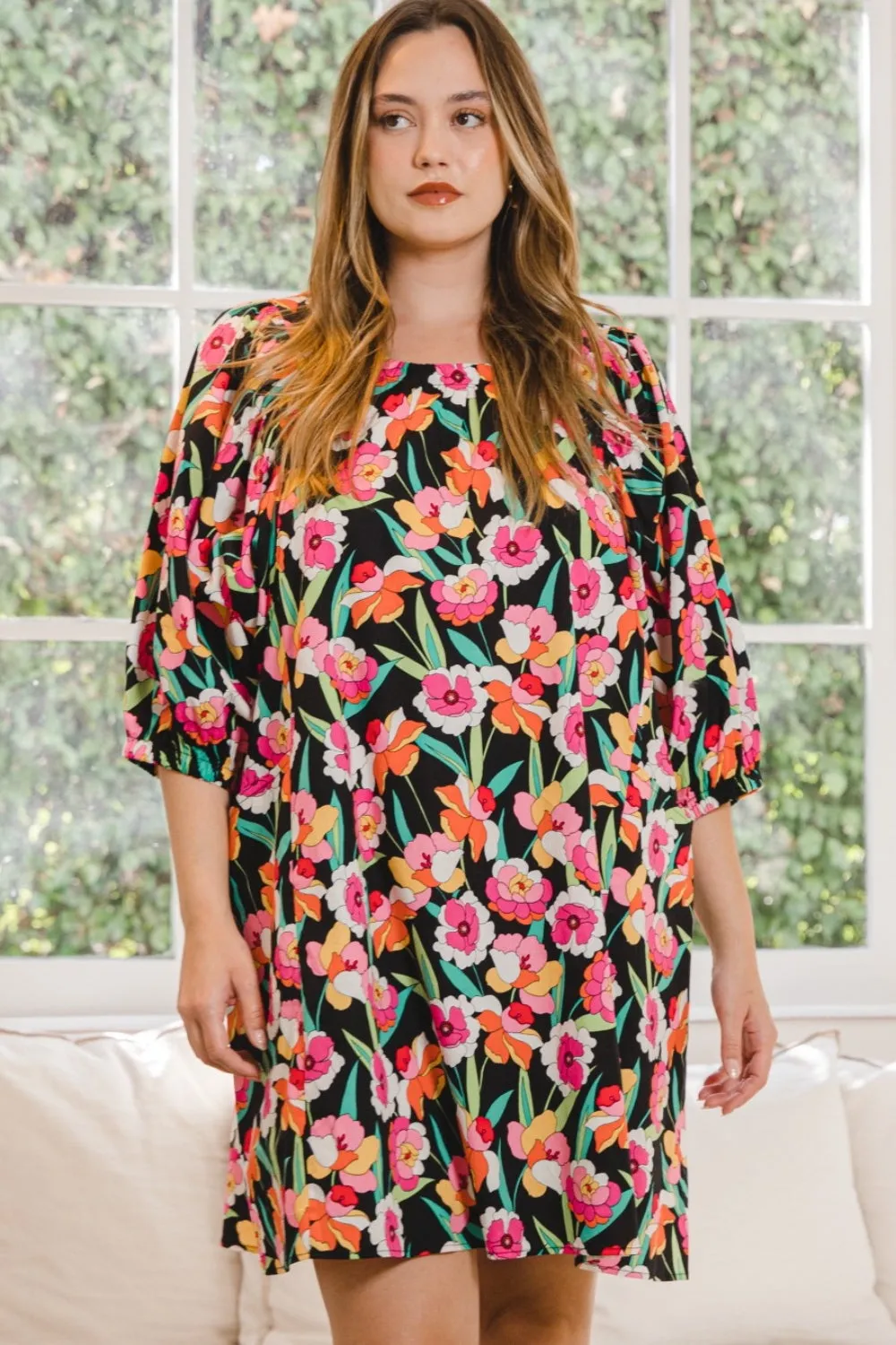 Floral Puff Sleeve Shift Mini Dress with Pockets