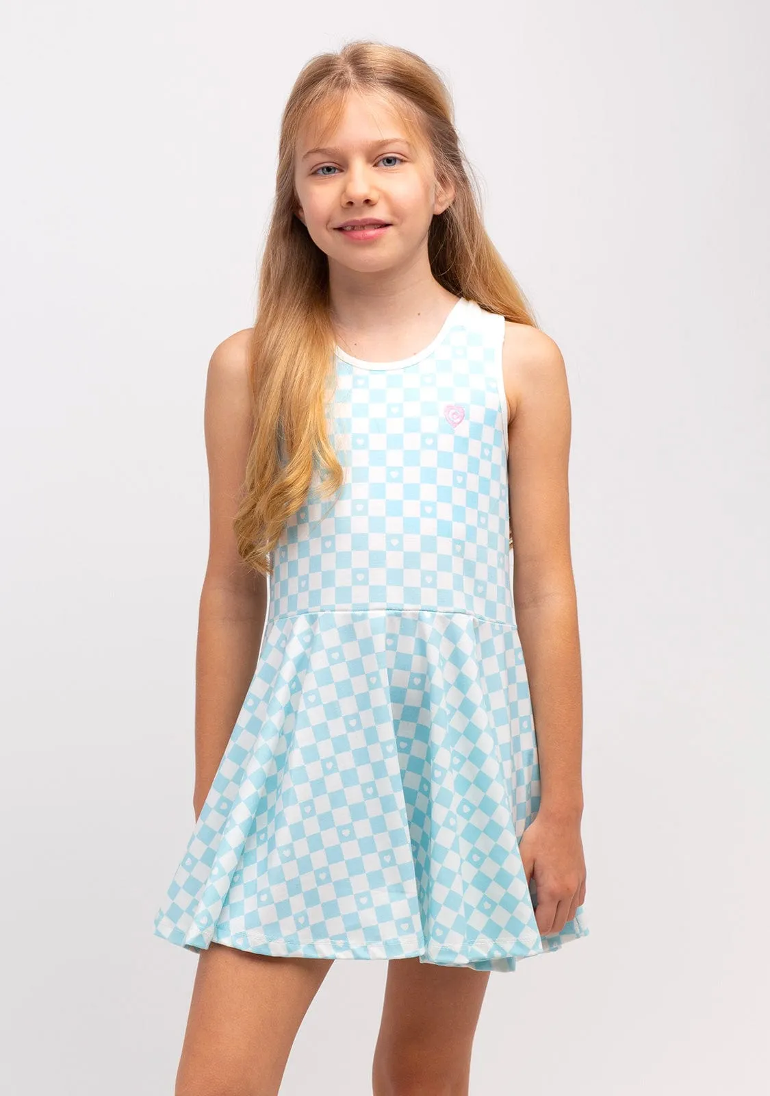 Girl's Light Blue Checkerboard Skater Dress