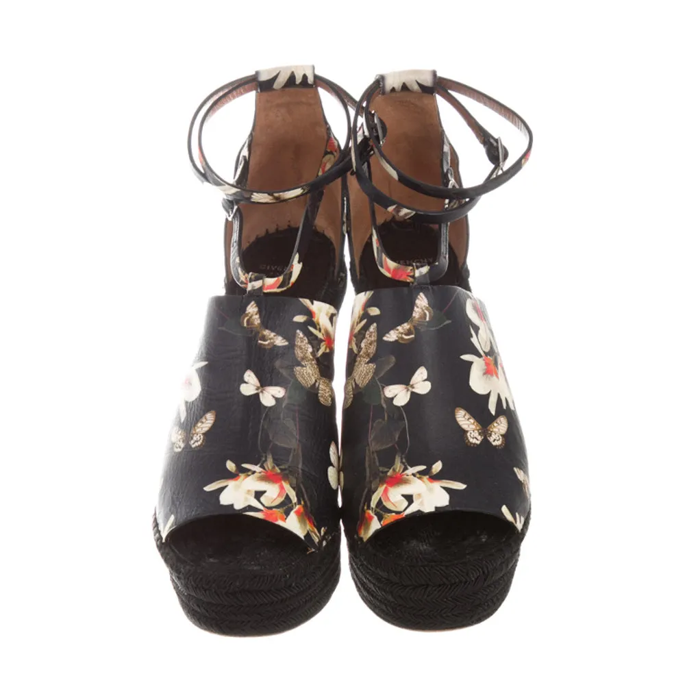 Givenchy Black Leather Floral Print Wedge Sandals 40
