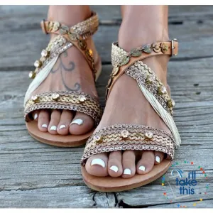 Gorgeous Bohemian Beach Sandals - Flip Flops Handmade Vegan Leather Straps wrapped in Gold/Pink Trim