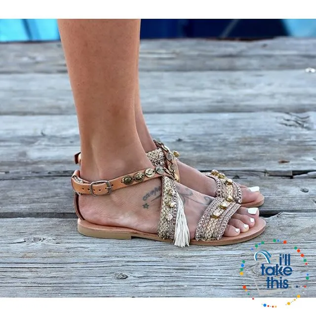 Gorgeous Bohemian Beach Sandals - Flip Flops Handmade Vegan Leather Straps wrapped in Gold/Pink Trim