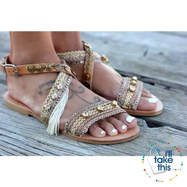 Gorgeous Bohemian Beach Sandals - Flip Flops Handmade Vegan Leather Straps wrapped in Gold/Pink Trim