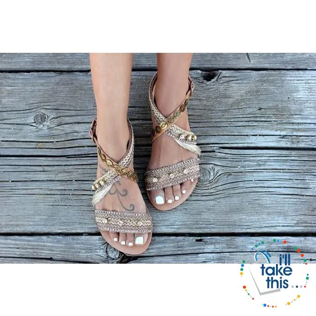 Gorgeous Bohemian Beach Sandals - Flip Flops Handmade Vegan Leather Straps wrapped in Gold/Pink Trim