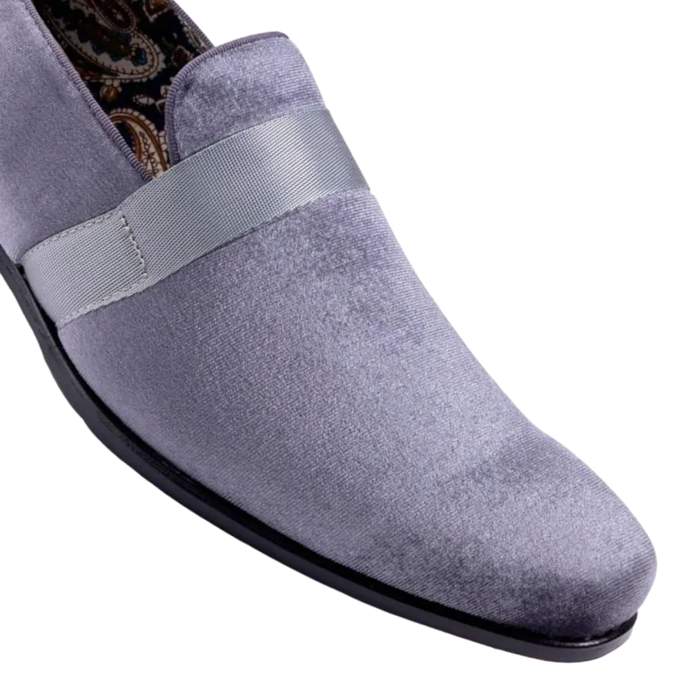 Grey Velvet Men's Shoe Slip-on with a Satin Ribbon Tuxedo Loafers