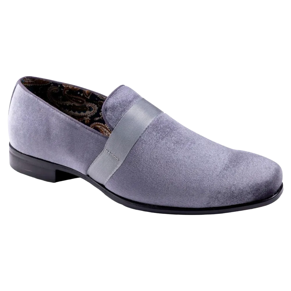 Grey Velvet Men's Shoe Slip-on with a Satin Ribbon Tuxedo Loafers