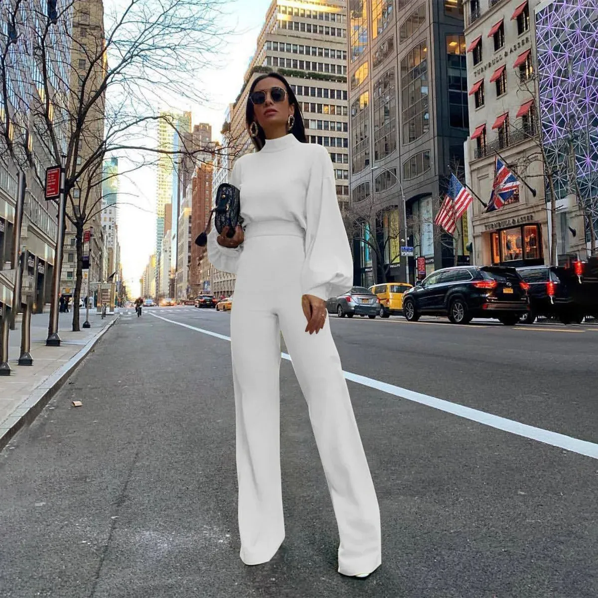 Jumpsuit met hoge taille en lantaarnmouwen