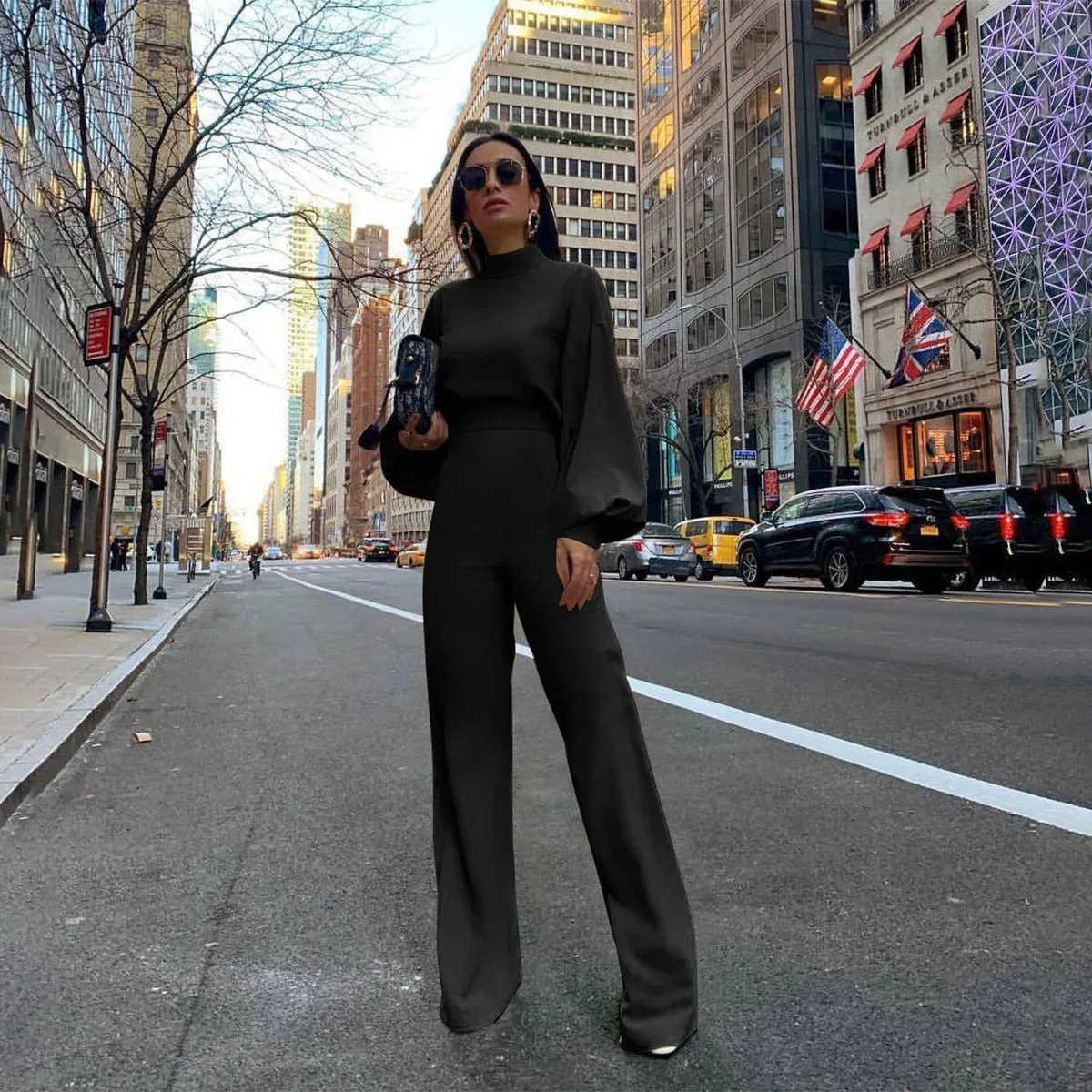 Jumpsuit met hoge taille en lantaarnmouwen