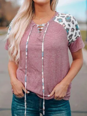 Lace-Up Front Short Sleeve Animal Print Tee