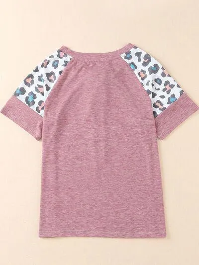 Lace-Up Front Short Sleeve Animal Print Tee