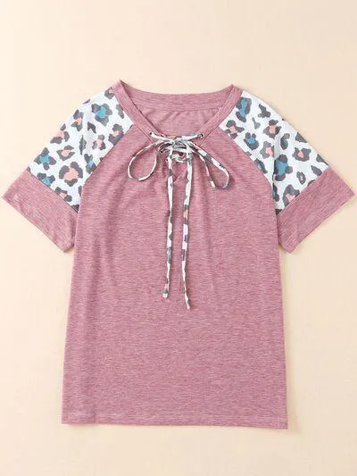 Lace-Up Front Short Sleeve Animal Print Tee