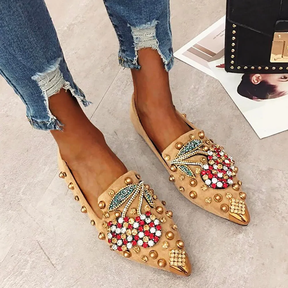 Luxurious Rhinestone Cherry Metal Pointed Toe Flat Shoes