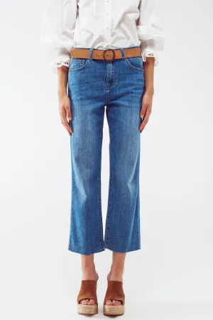Mid Wash Straight Jeans With Raw Hem In Blue