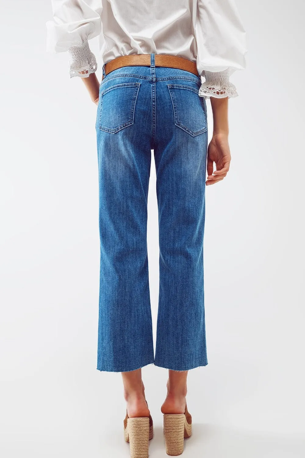 Mid Wash Straight Jeans With Raw Hem In Blue