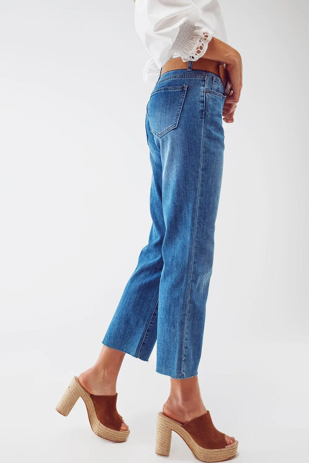 Mid Wash Straight Jeans With Raw Hem In Blue