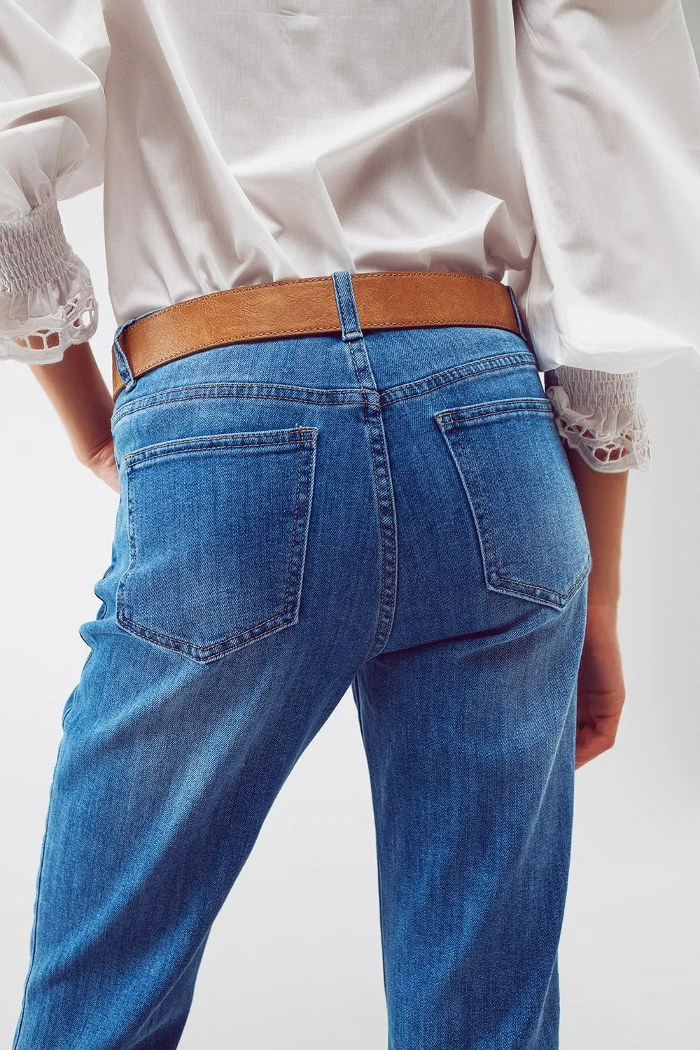 Mid Wash Straight Jeans With Raw Hem In Blue