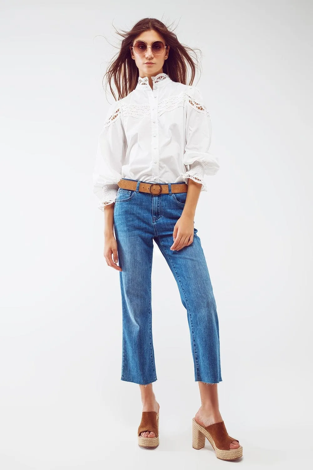 Mid Wash Straight Jeans With Raw Hem In Blue