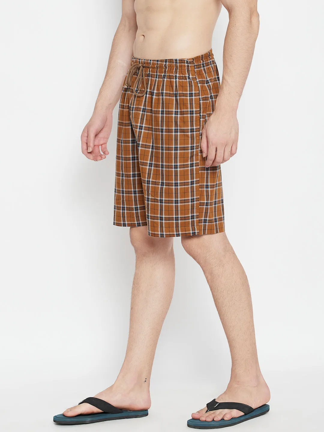 Mustard Checked Slim Fit Lounge Shorts