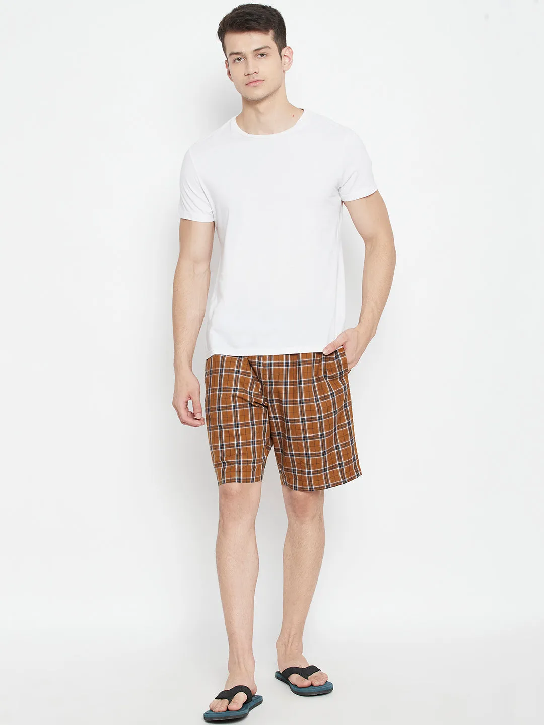Mustard Checked Slim Fit Lounge Shorts