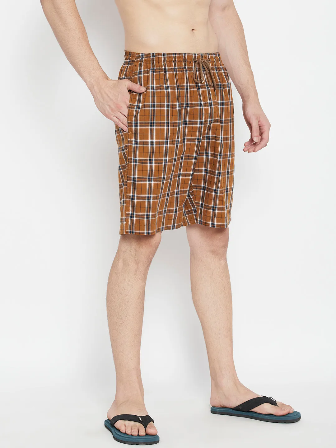 Mustard Checked Slim Fit Lounge Shorts