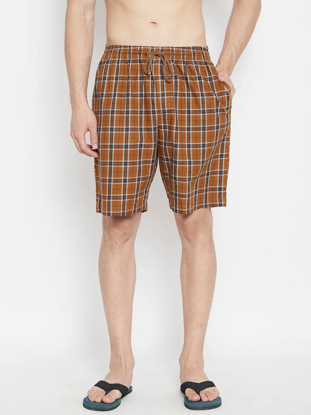 Mustard Checked Slim Fit Lounge Shorts