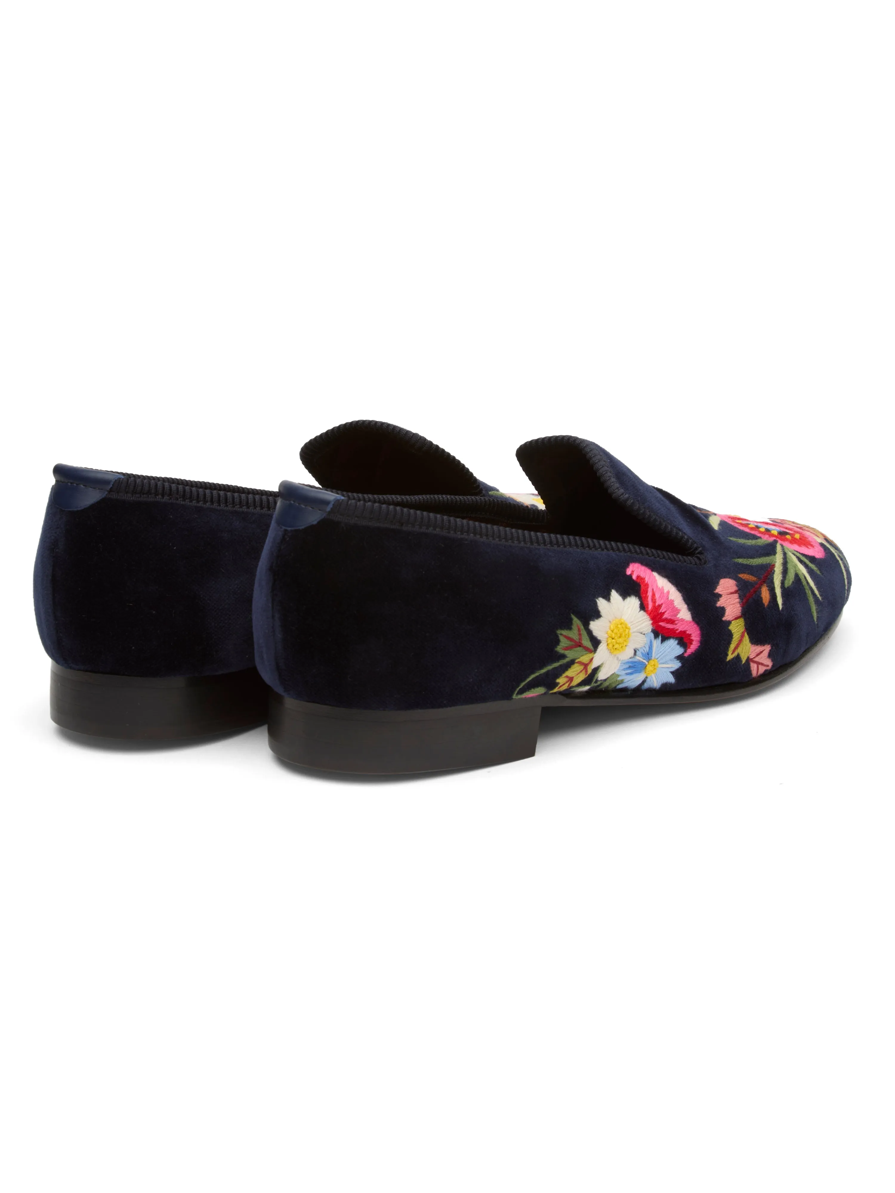 Navy Embroidered Velvet Cotton & Leather Slippers