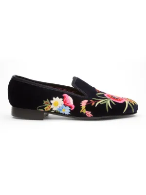 Navy Embroidered Velvet Cotton & Leather Slippers