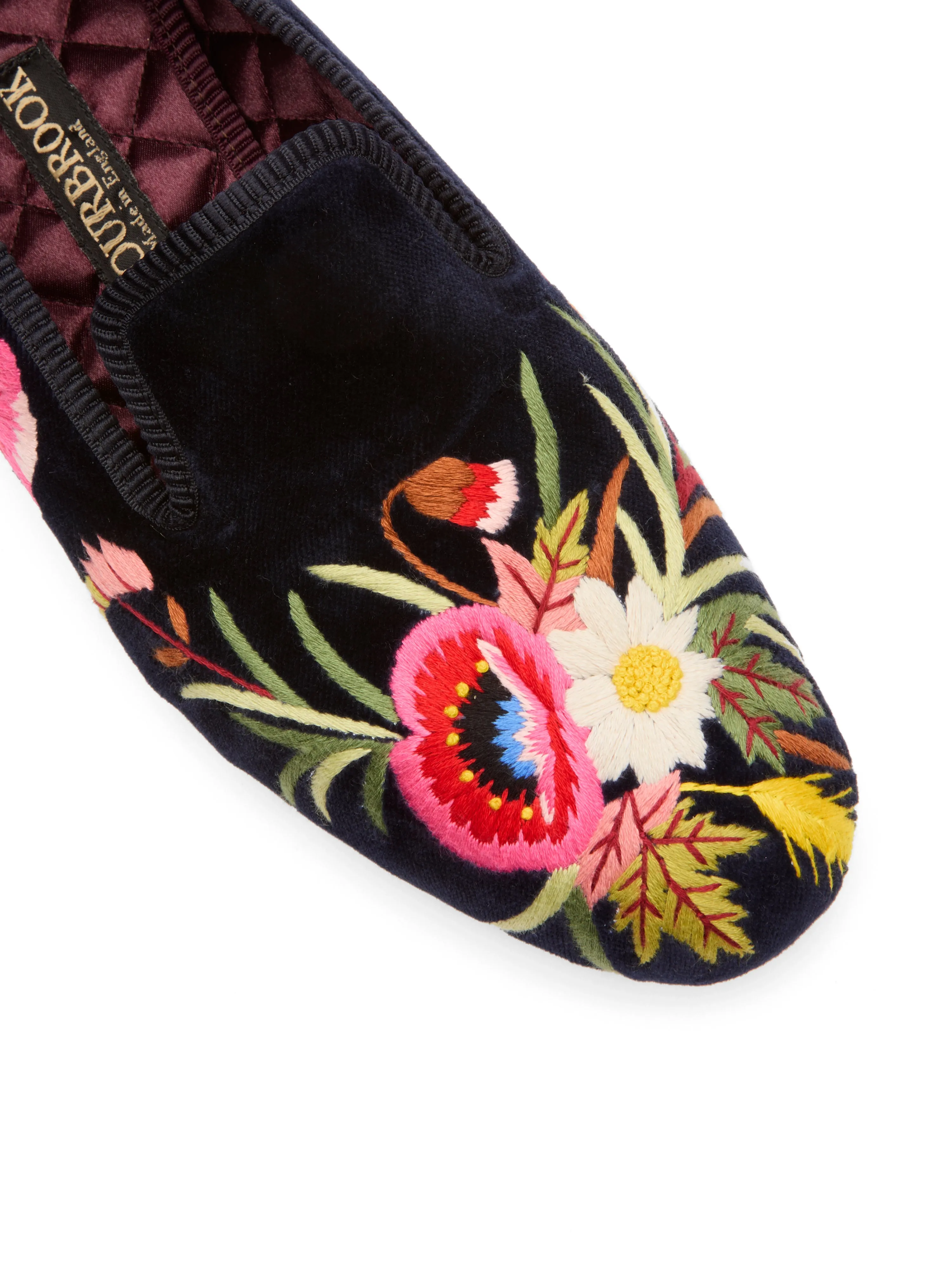 Navy Embroidered Velvet Cotton & Leather Slippers