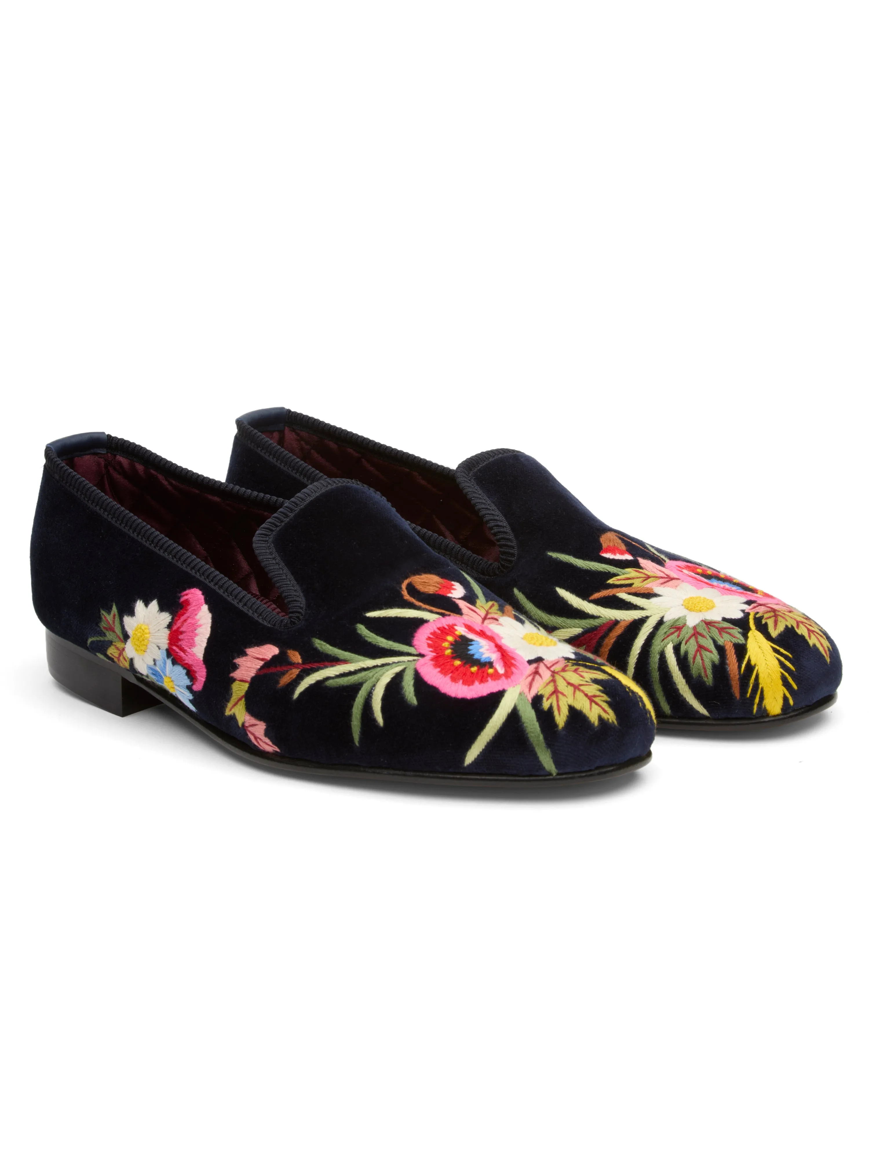 Navy Embroidered Velvet Cotton & Leather Slippers