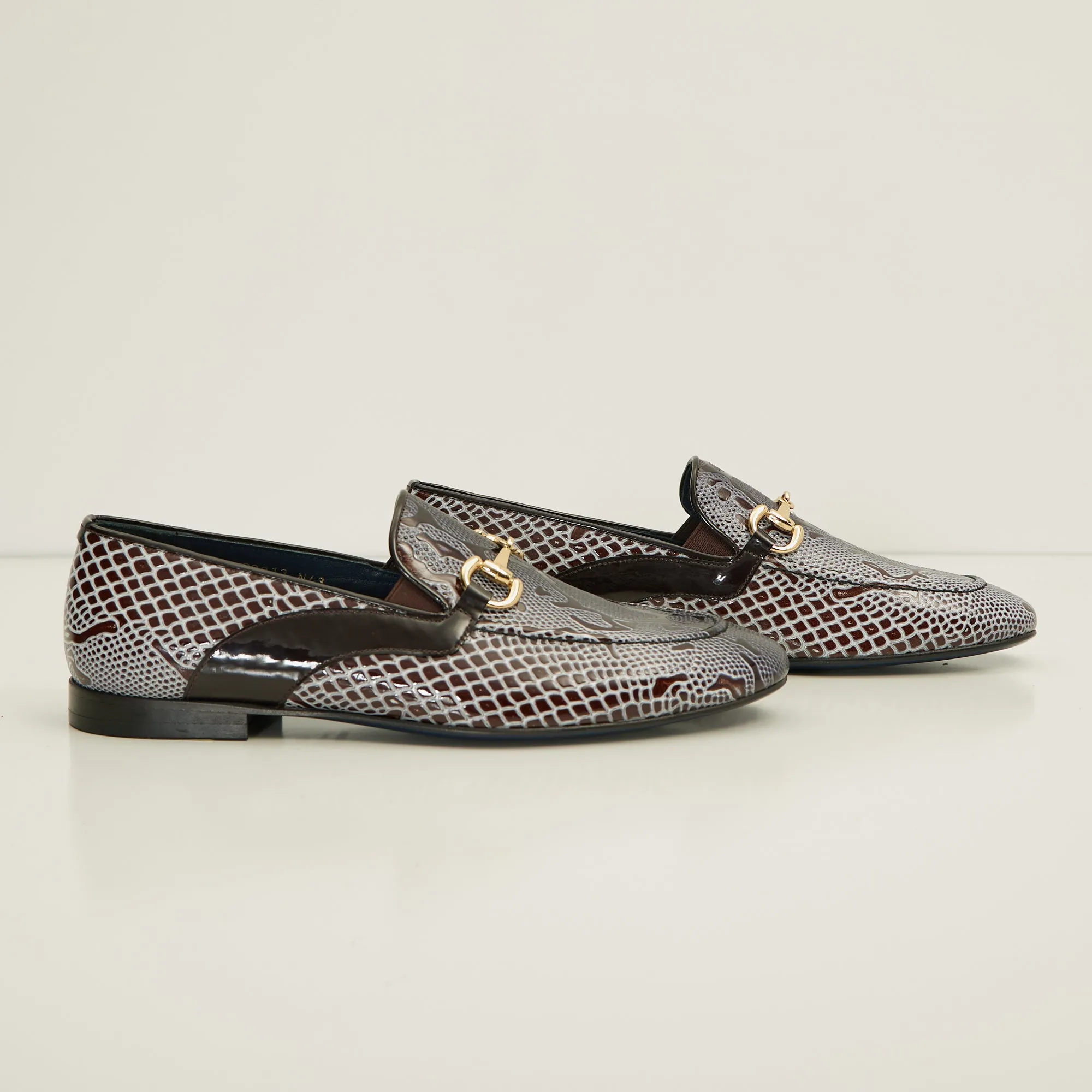 Snake Embossed Leather And Gold Metal Bit Loafer - Brown Beige