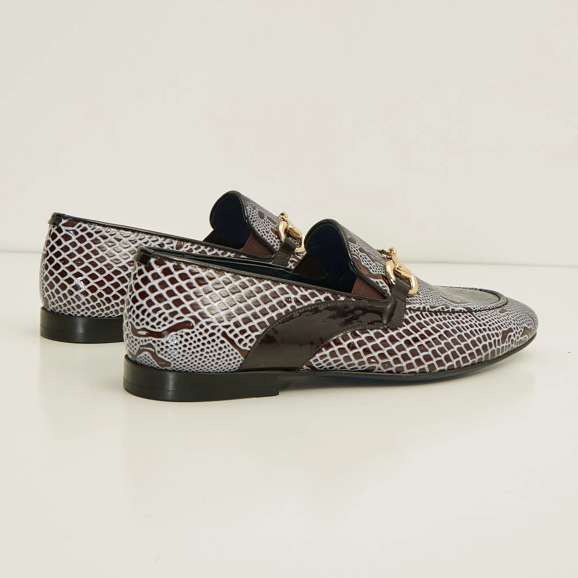 Snake Embossed Leather And Gold Metal Bit Loafer - Brown Beige