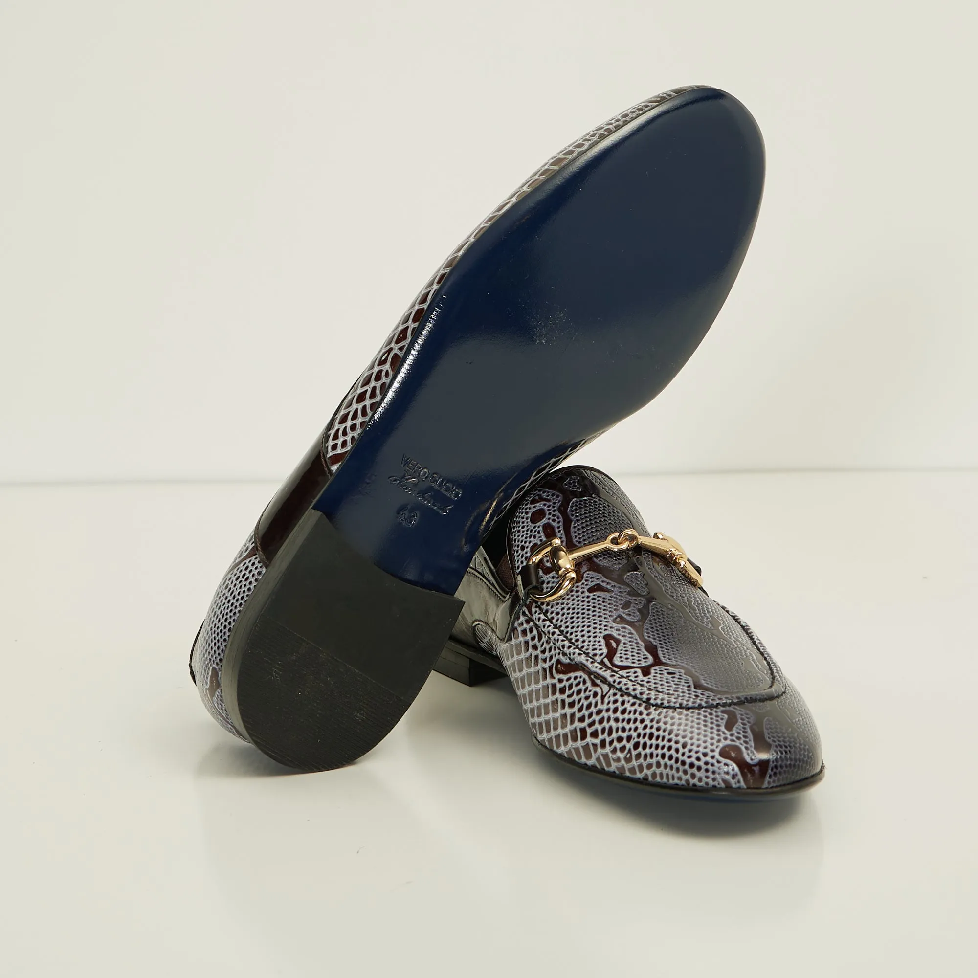 Snake Embossed Leather And Gold Metal Bit Loafer - Brown Beige